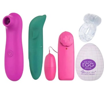 combo succionador de clitoris + delfin vibrador + bullet + egg masturbador + anillo peneano